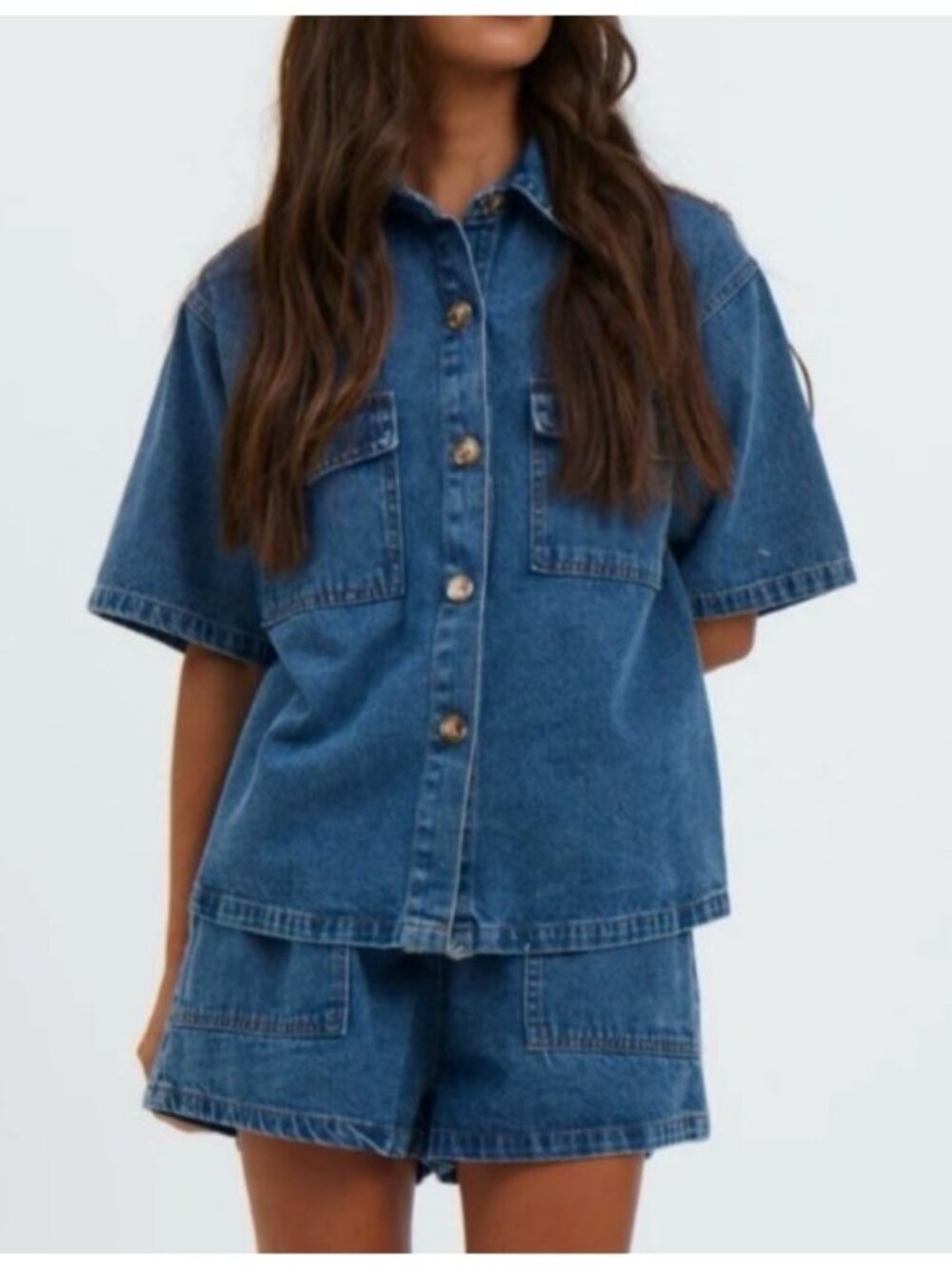 Bronzesnake Women's Sz 10 Delaney Dark Blue Denim Shorts & Shirt Set